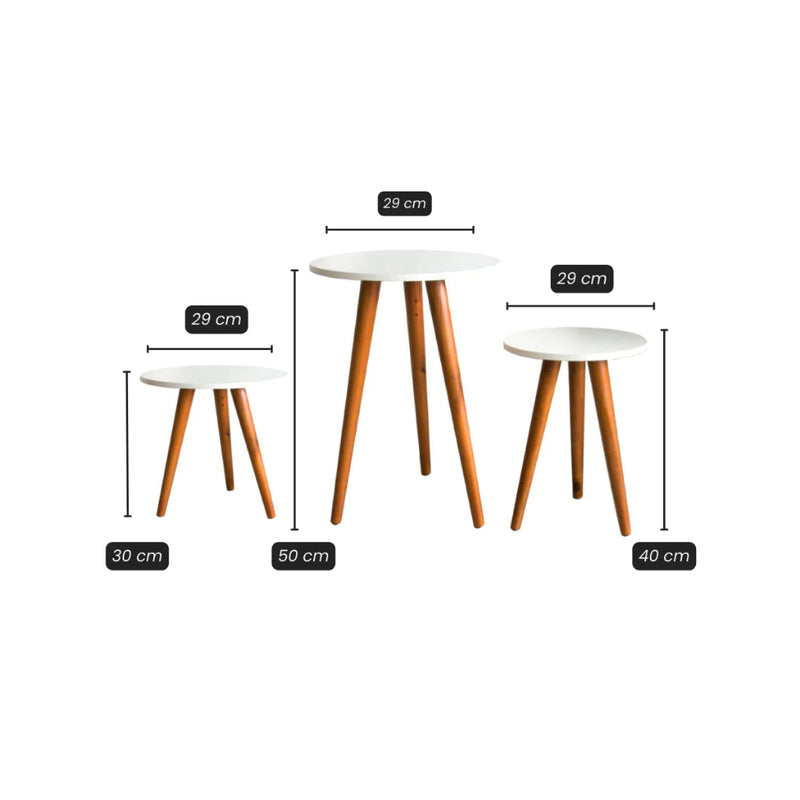 Kit Trio Jogo de Mesinhas Lateral Redondas Sala Pé Palito Retro
