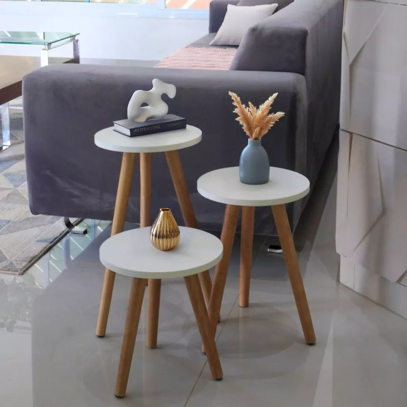 Kit Trio Jogo de Mesinhas Lateral Redondas Sala Pé Palito Retro