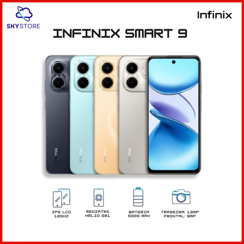 Infinix Smart 9, 128GB 4GB RAM, Câmera 13MP, Processador Mediatek Hélio G81, Bateria 5000MAH, Versão global, Lacrado