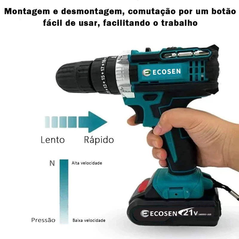 Furadeira Parafusadeira 3/8" bateria 21V com maleta e acessórios/ECOSEN Furadeira elétrica premium