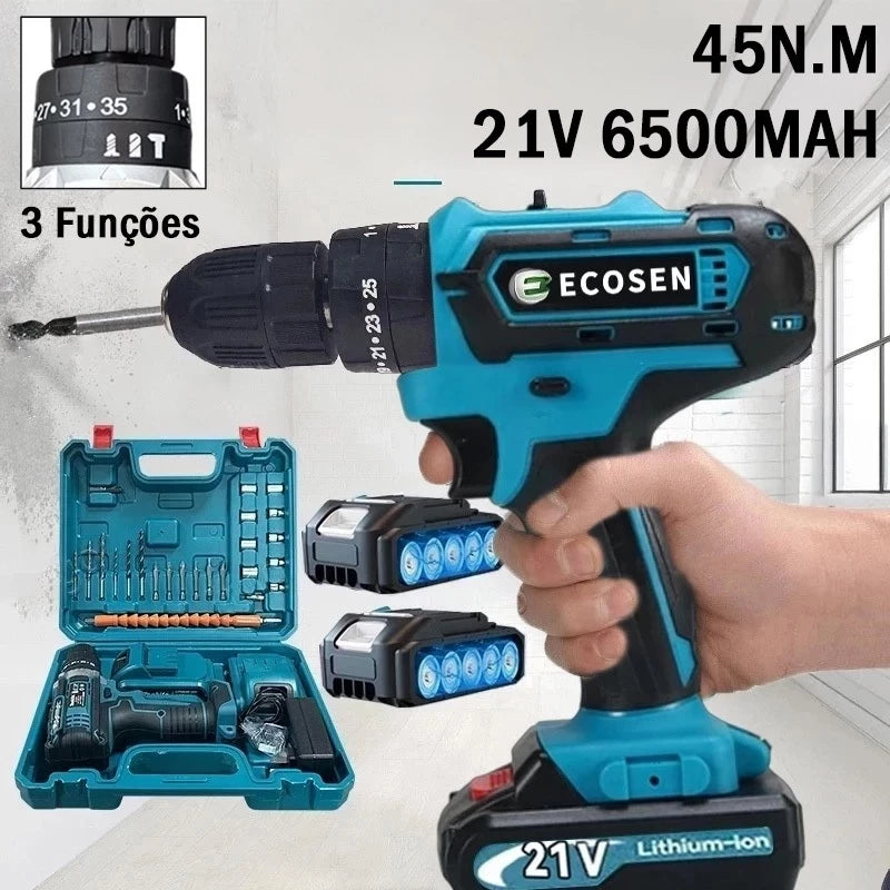 Furadeira Parafusadeira 3/8" bateria 21V com maleta e acessórios/ECOSEN Furadeira elétrica premium