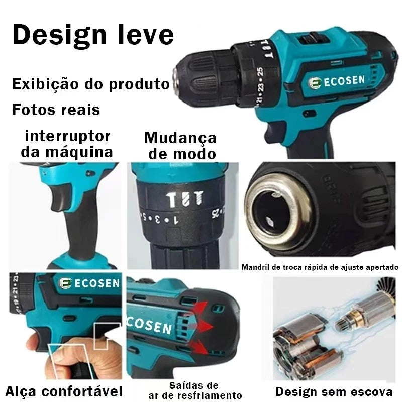 Furadeira Parafusadeira 3/8" bateria 21V com maleta e acessórios/ECOSEN Furadeira elétrica premium