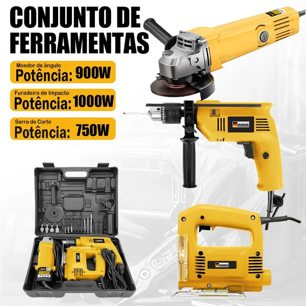 Kit HUAHUO - Furadeira De Impacto E Lixadeira Esmerilhadeira E Serra Tico Tico e Maleta de Transporte Com Acessórios
