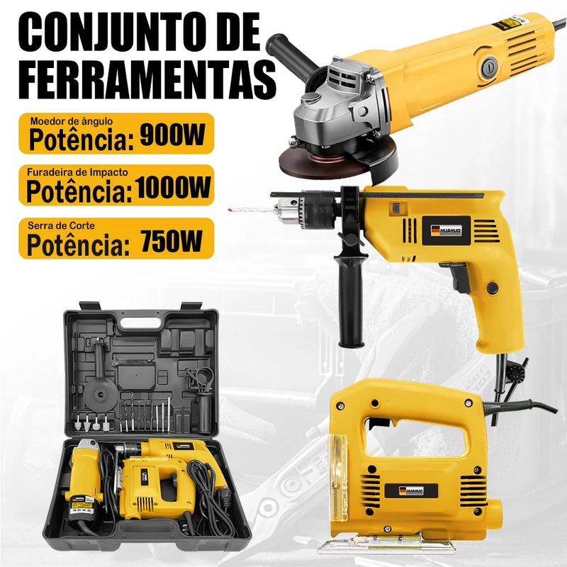 Kit HUAHUO - Furadeira De Impacto E Lixadeira Esmerilhadeira E Serra Tico Tico e Maleta de Transporte Com Acessórios