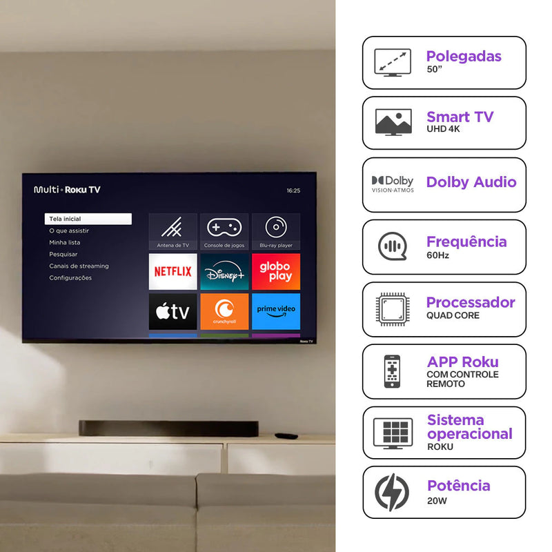 Smart TV DLED 50 4K Multi Roku 4HDMI 2USB Wi-Fi