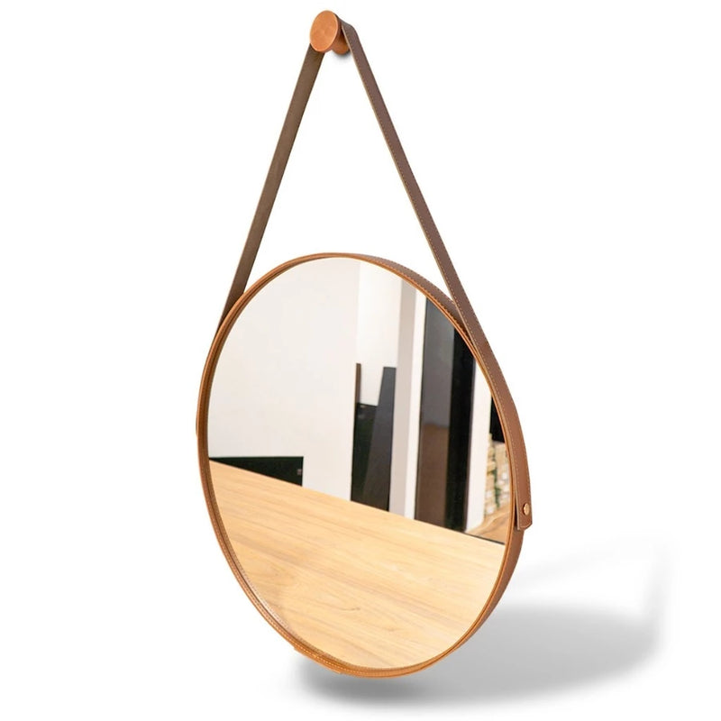 Espelho Adnet Redondo De Parede Decorativo 50cm Com Costura Alça Sala Quarto Banheiro
